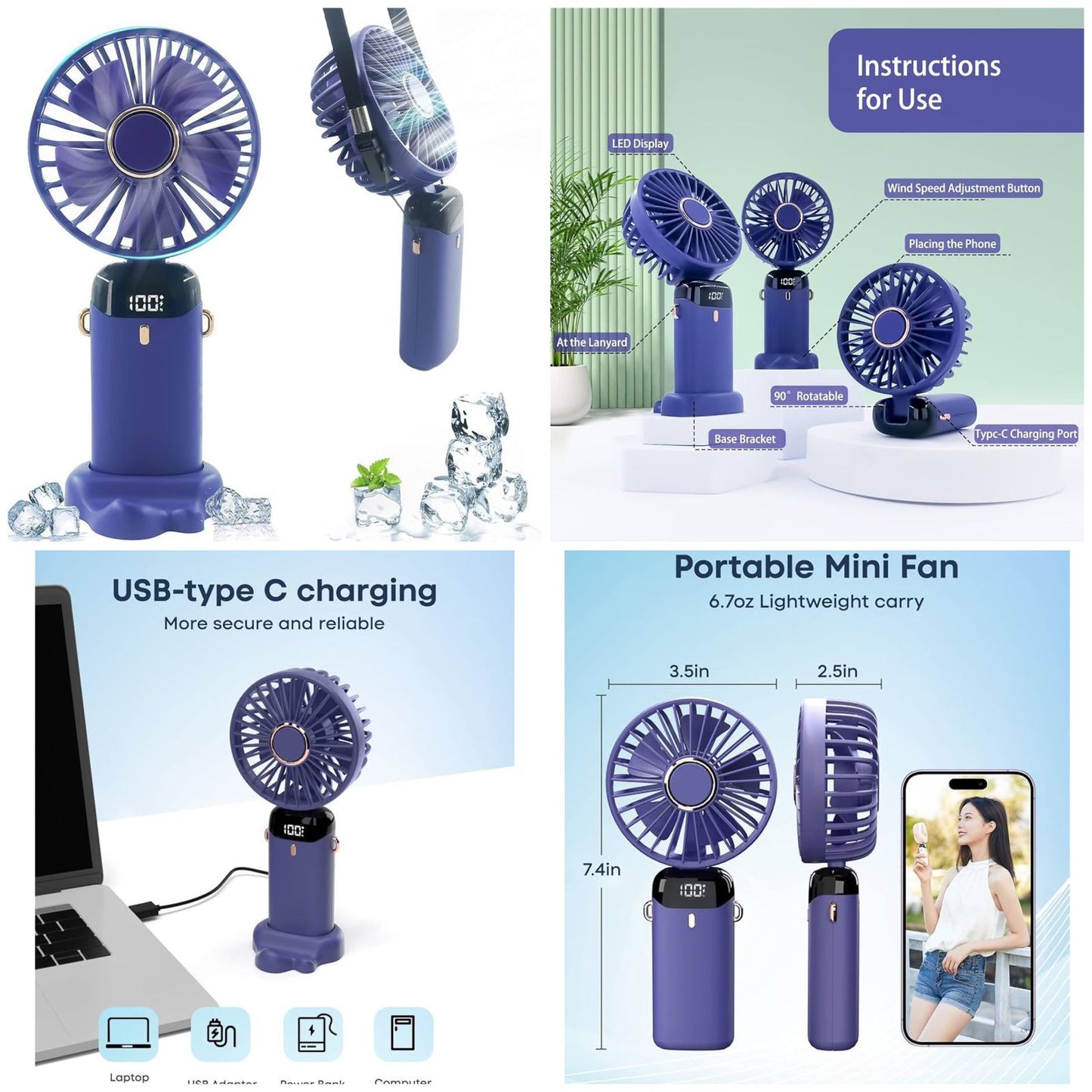 4.Digital Display Portable Mini Fan – 5-in-1 Multipurpose USB-C Rechargeable Handheld Fan - With Cable (Random Color)