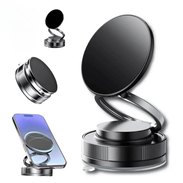Folding Magnetic Phone  360° Holder with Vacuum Suction | Strong Dashboard & Windshield Car Mount | Adjustable Mobile & Desk Stand