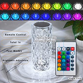 Crystal Diamond Touch Lamp 16-Color RGB – Rechargeable Touch Control LED Lamp with Remote