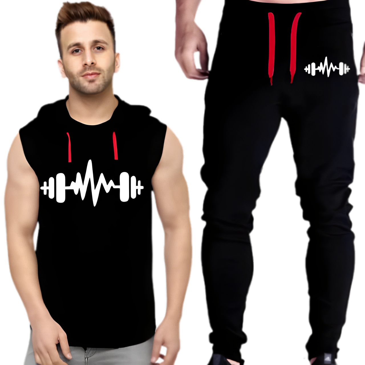 3.Black Vinyl Dumble Printed Gym Summer Hooded Sleeveless Tracksuit for Mens (Hooded + Trouser) - M