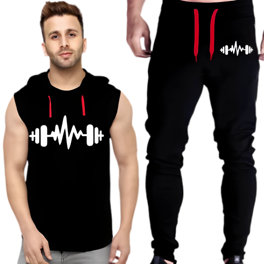 3.Black Vinyl Dumble Printed Gym Summer Hooded Sleeveless Tracksuit for Mens (Hooded + Trouser) - M